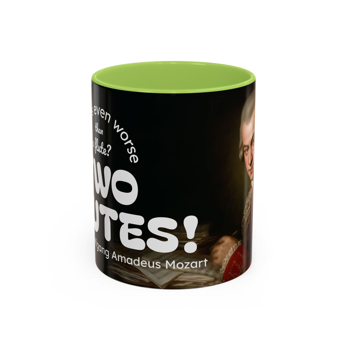 Two Flutes Mug in Black (EU) - Mozart Flute Quote Mug, Mozart Mug, Classical Music Mug, Funny Mozart Quote