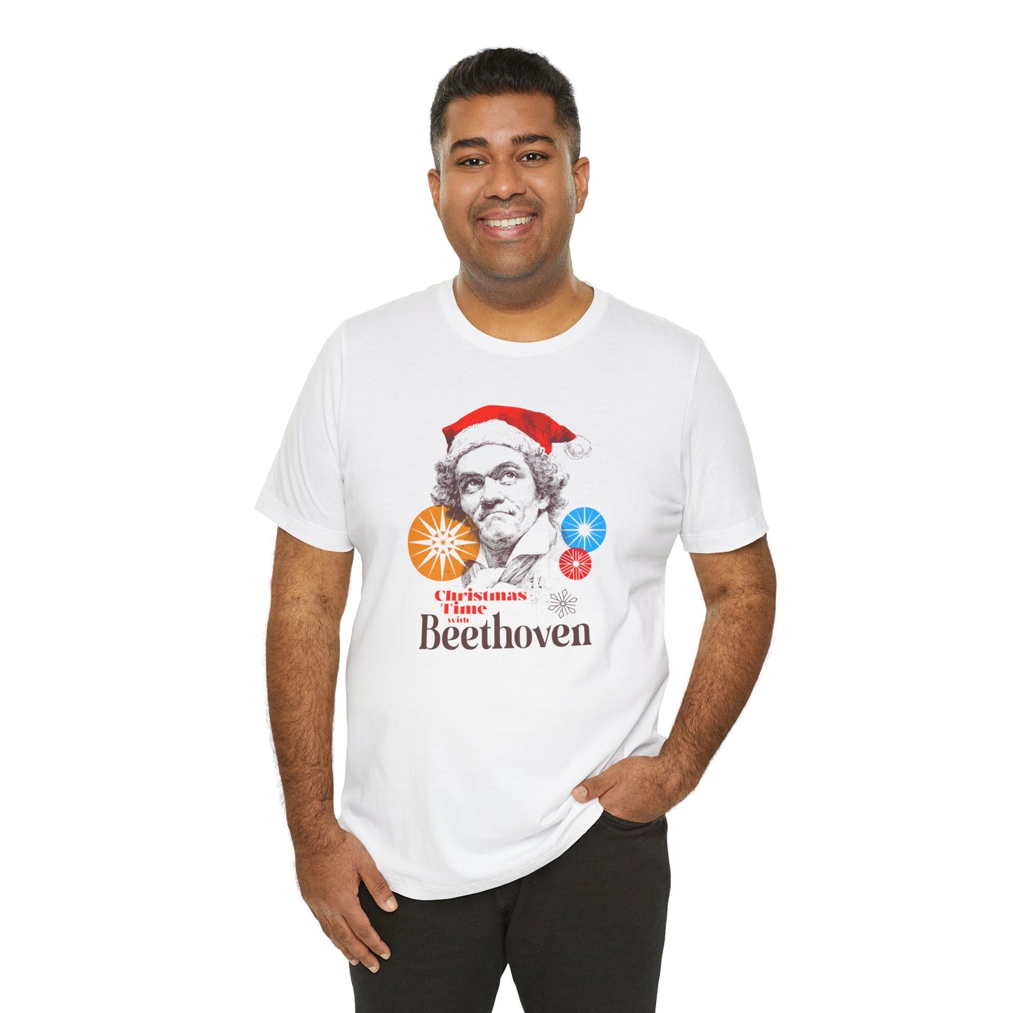 Christmas with Beethoven - Holiday T-Shirt, Santa Shirt, Beethoven with Santa Hat T-Shirt, Classical Music Christmas Shirt