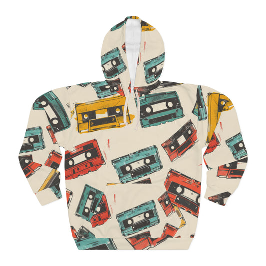 Retro Cassettes Patterned Hoodie, Pullover Gift for Cassette Lovers