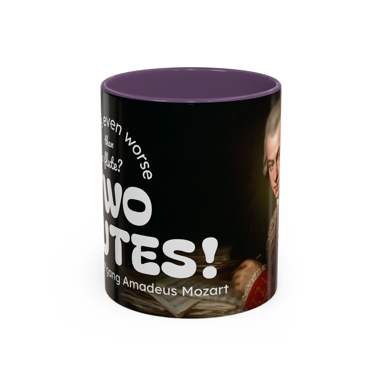 Two Flutes Mug in Black (EU) - Mozart Flute Quote Mug, Mozart Mug, Classical Music Mug, Funny Mozart Quote