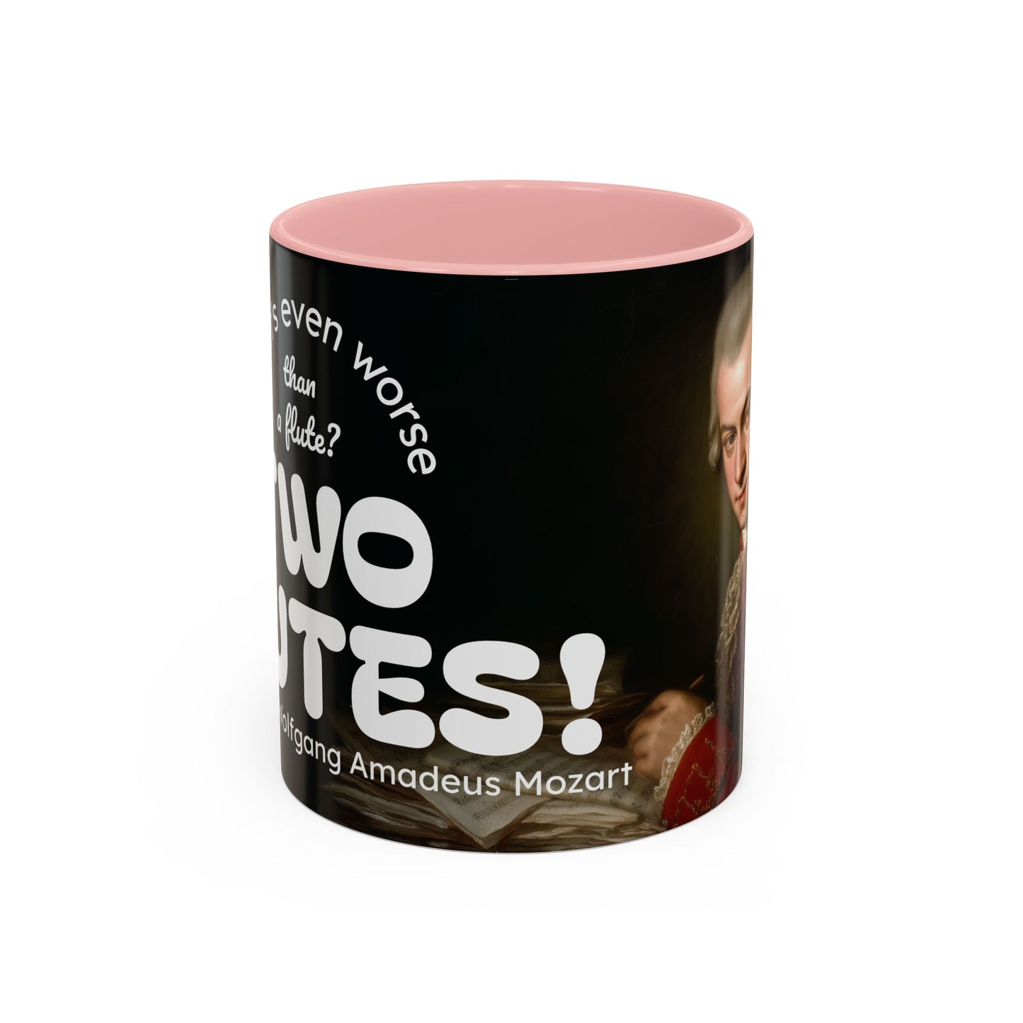 Two Flutes Mug in Black (USA) - Mozart Flute Quote Mug, Mozart Mug, Classical Music Mug, Funny Mozart Quote