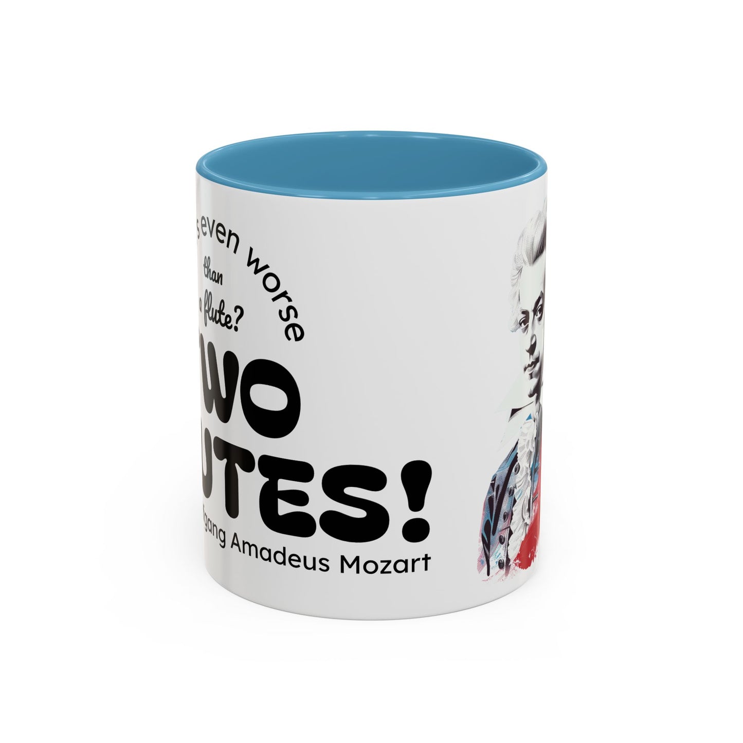Two Flutes Mug in White (EU) - Mozart Flute Quote Mug, Mozart Mug, Classical Music Mug, Funny Mozart Quote