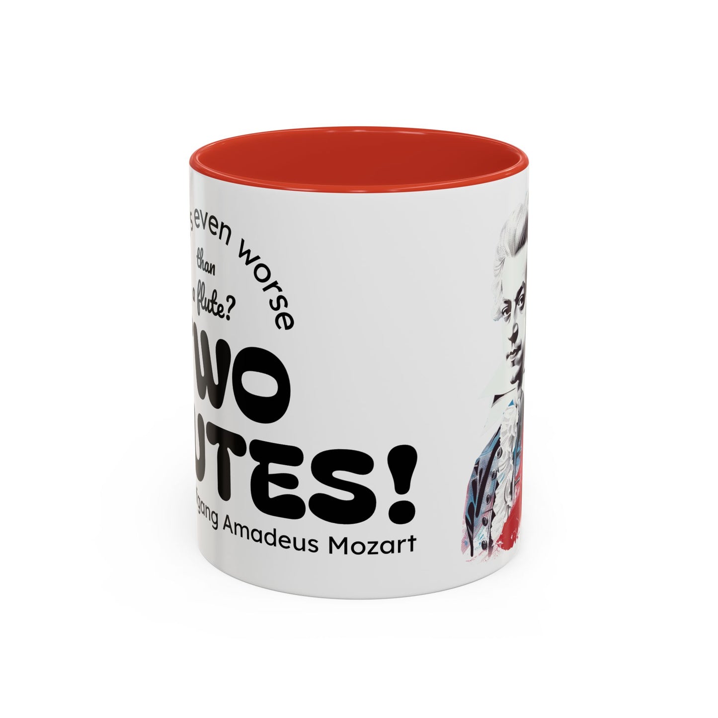 Two Flutes Mug in White (EU) - Mozart Flute Quote Mug, Mozart Mug, Classical Music Mug, Funny Mozart Quote
