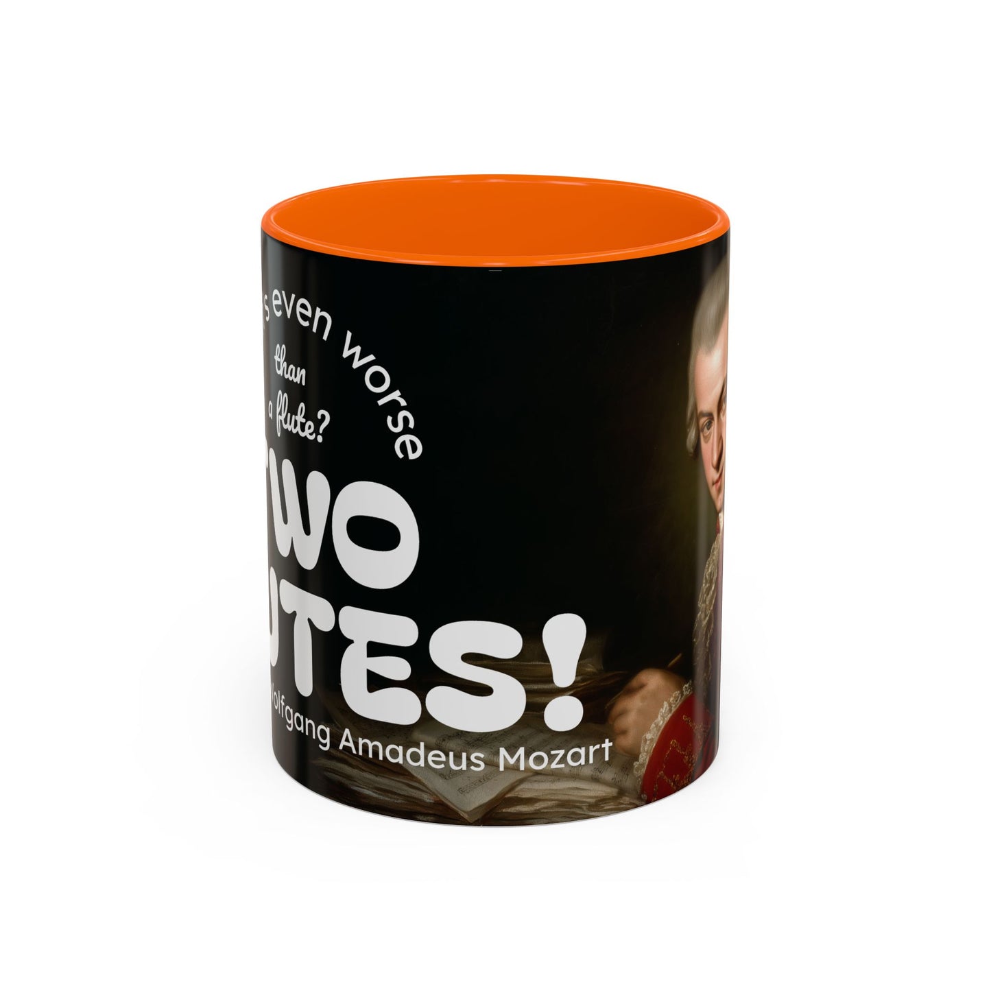 Two Flutes Mug in Black (USA) - Mozart Flute Quote Mug, Mozart Mug, Classical Music Mug, Funny Mozart Quote