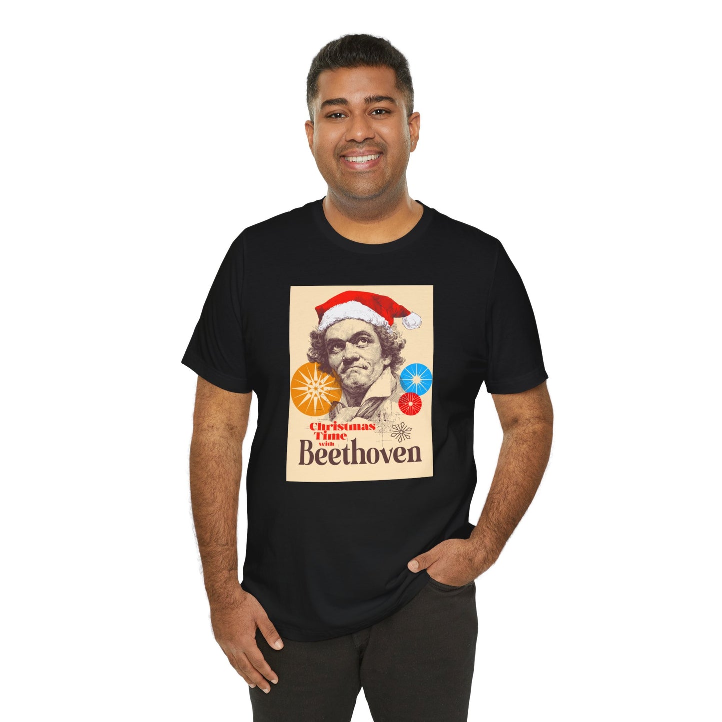 Christmas with Beethoven - Holiday T-Shirt, Santa Shirt, Beethoven with Santa Hat T-Shirt, Classical Music Christmas Shirt