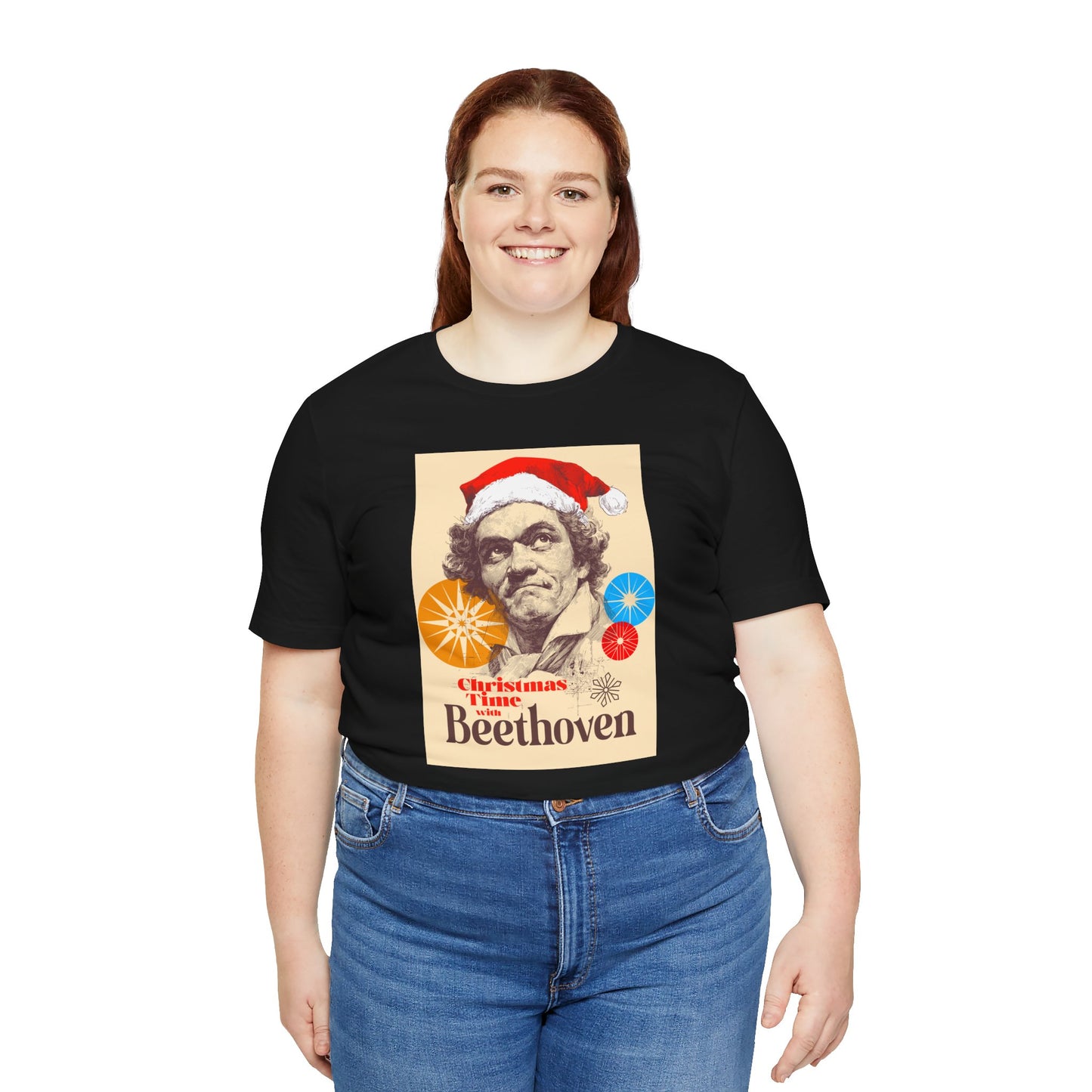 Christmas with Beethoven - Holiday T-Shirt, Santa Shirt, Beethoven with Santa Hat T-Shirt, Classical Music Christmas Shirt