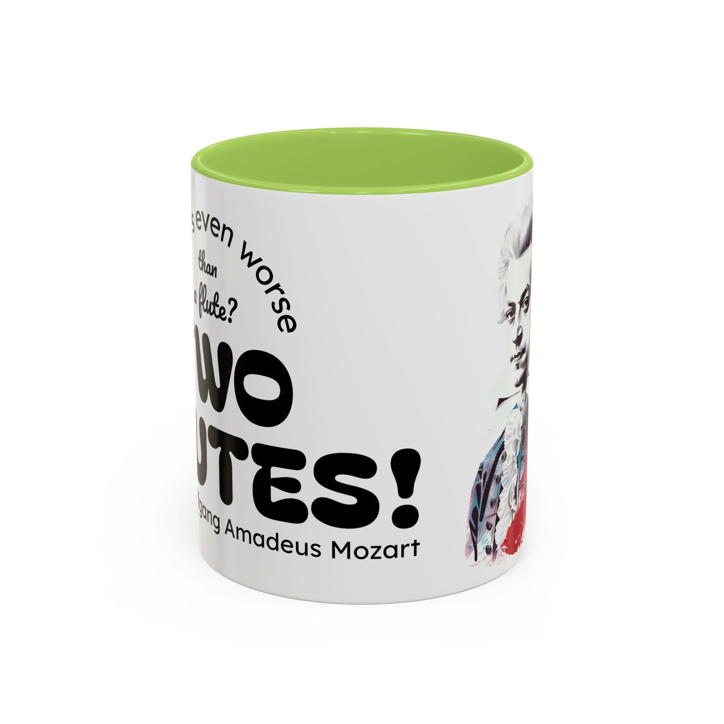 Two Flutes Mug in White (EU) - Mozart Flute Quote Mug, Mozart Mug, Classical Music Mug, Funny Mozart Quote
