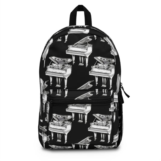 Black and White Piano Patterned Backpack Doodle Piano Black Backpack