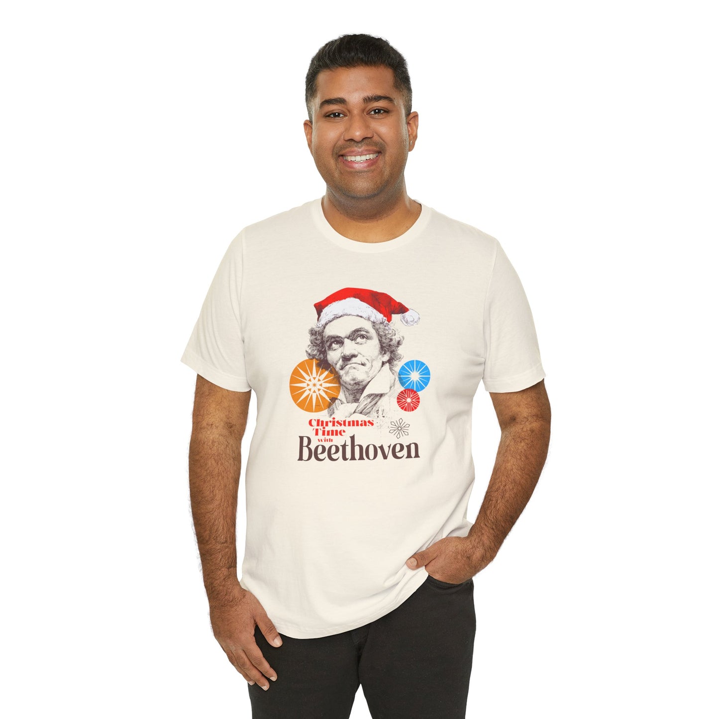 Christmas with Beethoven - Holiday T-Shirt, Santa Shirt, Beethoven with Santa Hat T-Shirt, Classical Music Christmas Shirt
