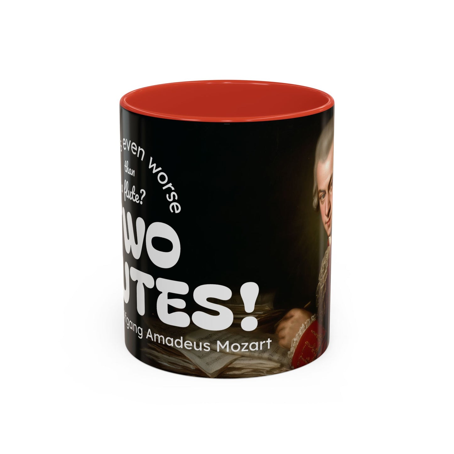Two Flutes Mug in Black (EU) - Mozart Flute Quote Mug, Mozart Mug, Classical Music Mug, Funny Mozart Quote