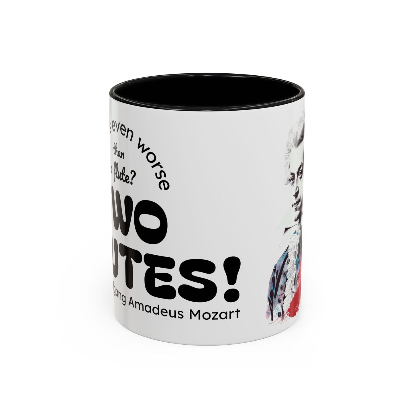Two Flutes Mug in White (EU) - Mozart Flute Quote Mug, Mozart Mug, Classical Music Mug, Funny Mozart Quote