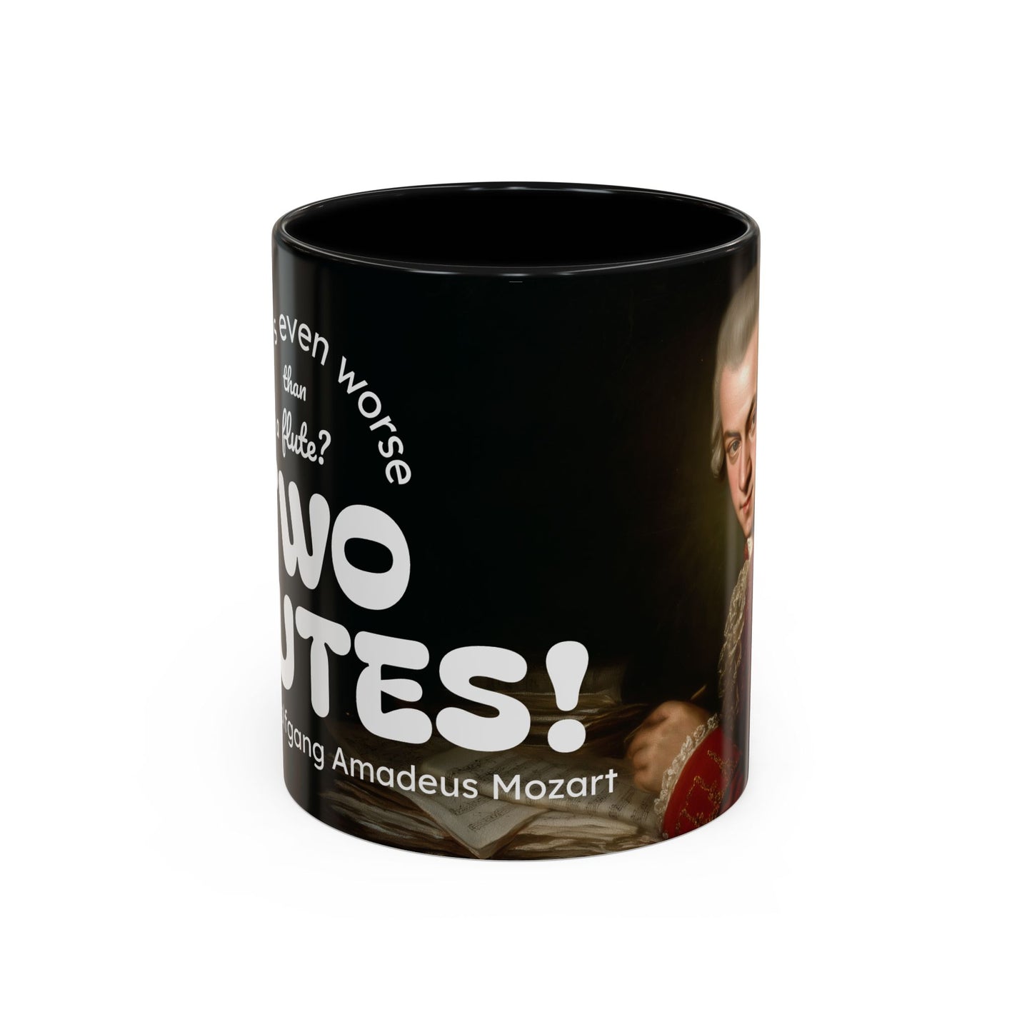Two Flutes Mug in Black (EU) - Mozart Flute Quote Mug, Mozart Mug, Classical Music Mug, Funny Mozart Quote