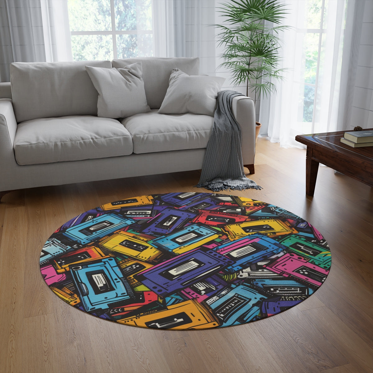Retro Music Casettes Patterned Rug Casettte Pattern Rug Gift for Casette Lovers Gift for Music Lovers Round Rug Multi Color Rug