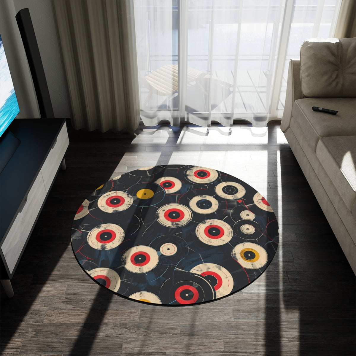 Retro Vinyl Patterned Rug Vinyl Pattern Rug Gift for Vinyl Lovers Gift for Music Lovers Round Rug Black Vinyl Rug
