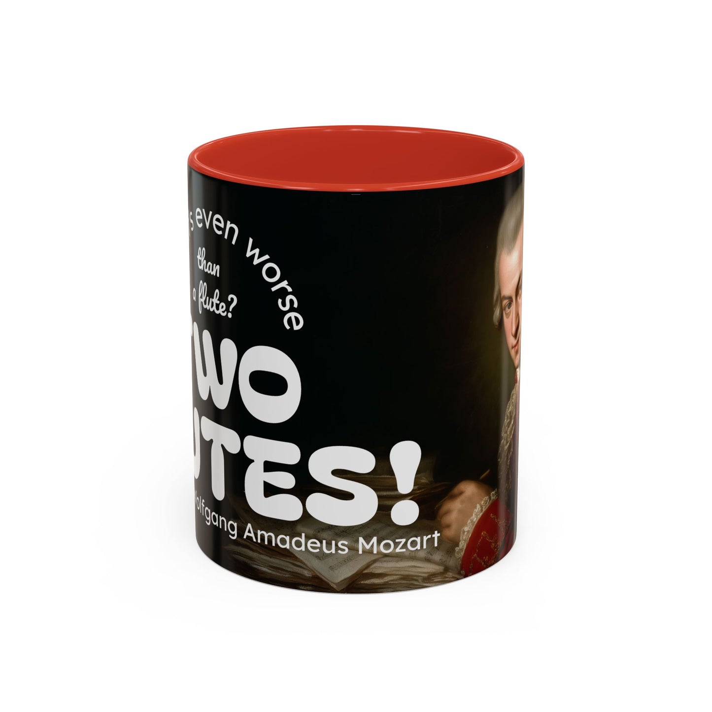 Two Flutes Mug in Black (USA) - Mozart Flute Quote Mug, Mozart Mug, Classical Music Mug, Funny Mozart Quote