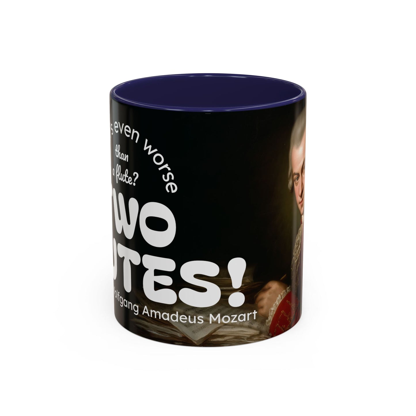 Two Flutes Mug in Black (USA) - Mozart Flute Quote Mug, Mozart Mug, Classical Music Mug, Funny Mozart Quote