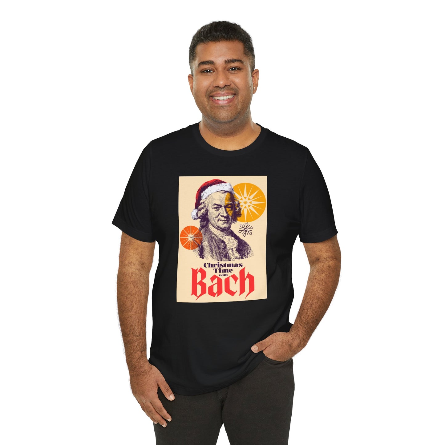 Christmas with Bach - Holiday T-Shirt, Santa Shirt, Bach with Santa Hat T-Shirt, Classical Music Christmas Shirt