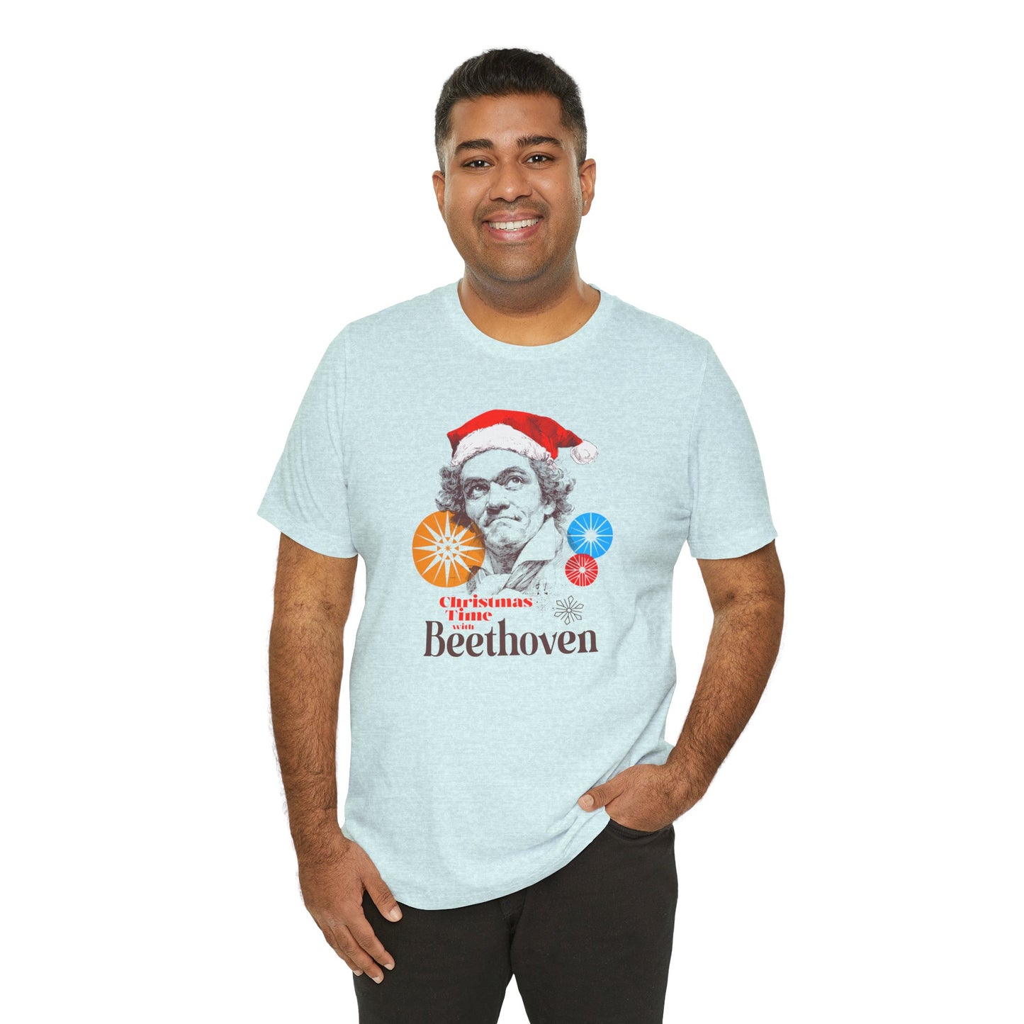 Christmas with Beethoven - Holiday T-Shirt, Santa Shirt, Beethoven with Santa Hat T-Shirt, Classical Music Christmas Shirt