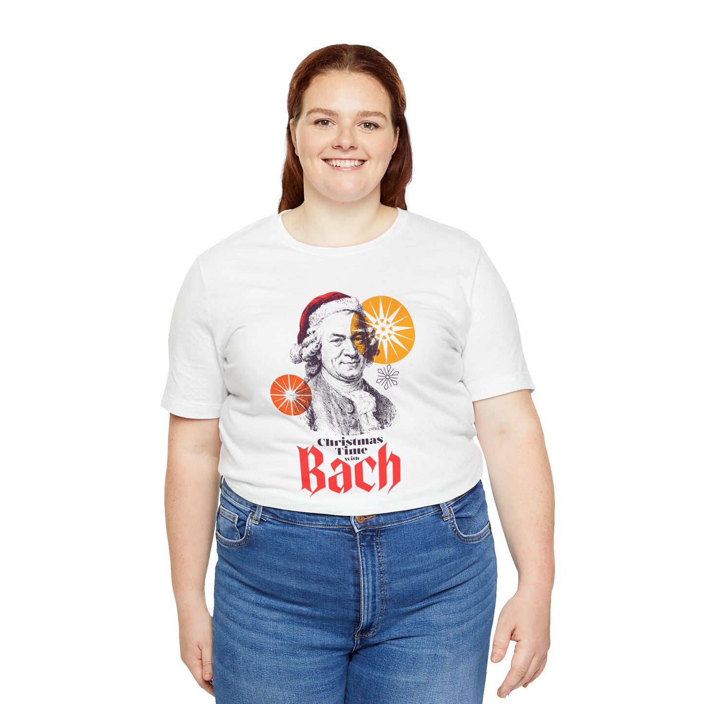 Christmas with Bach - Holiday T-Shirt, Santa Shirt, Bach with Santa Hat T-Shirt, Classical Music Christmas Shirt