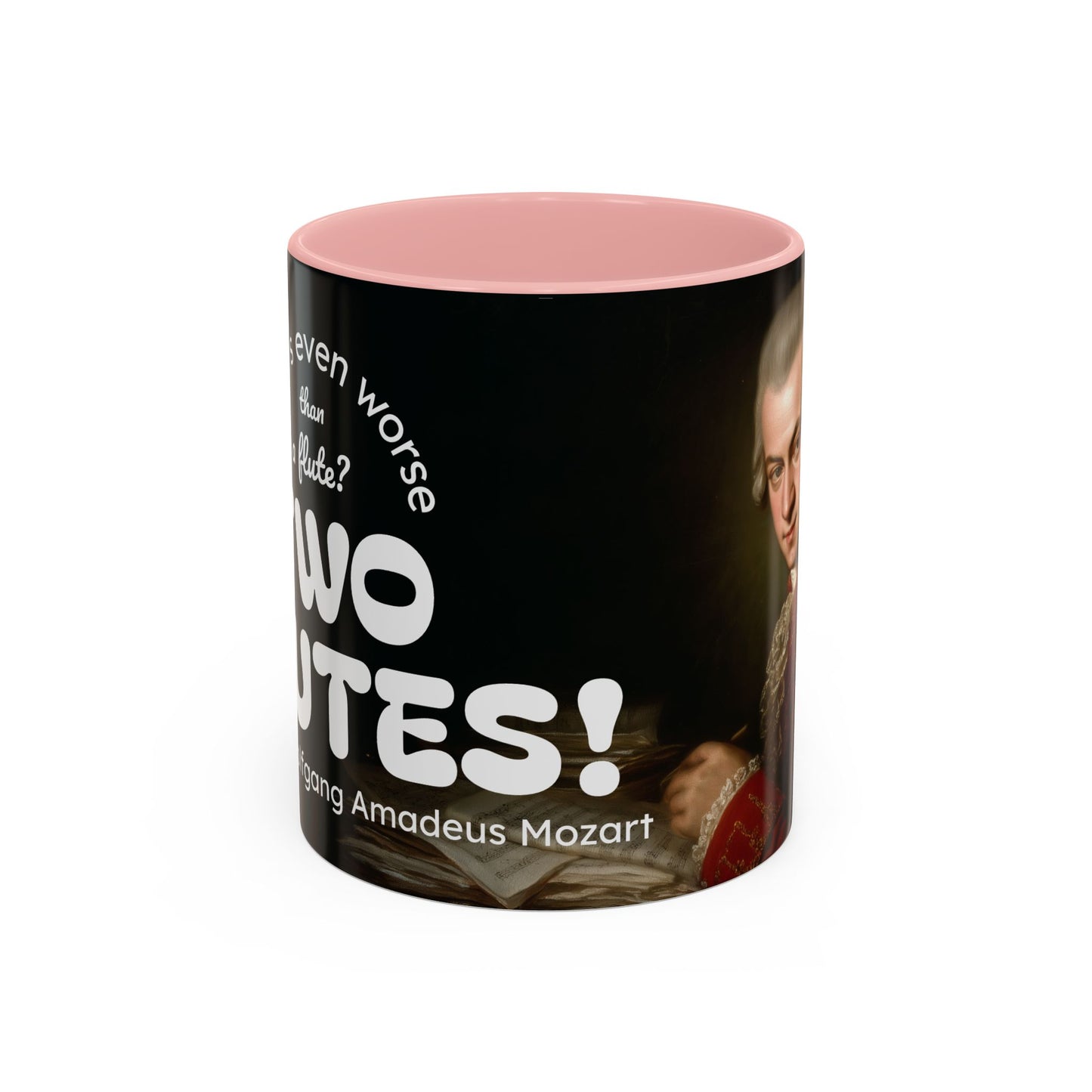 Two Flutes Mug in Black (EU) - Mozart Flute Quote Mug, Mozart Mug, Classical Music Mug, Funny Mozart Quote