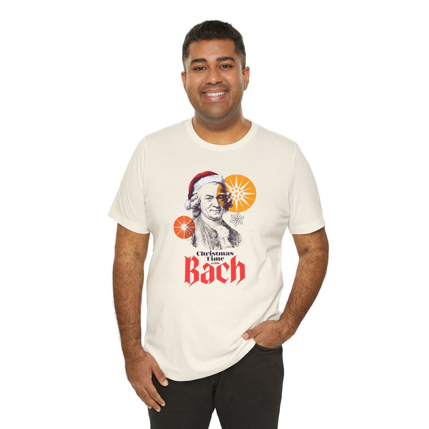 Christmas with Bach - Holiday T-Shirt, Santa Shirt, Bach with Santa Hat T-Shirt, Classical Music Christmas Shirt