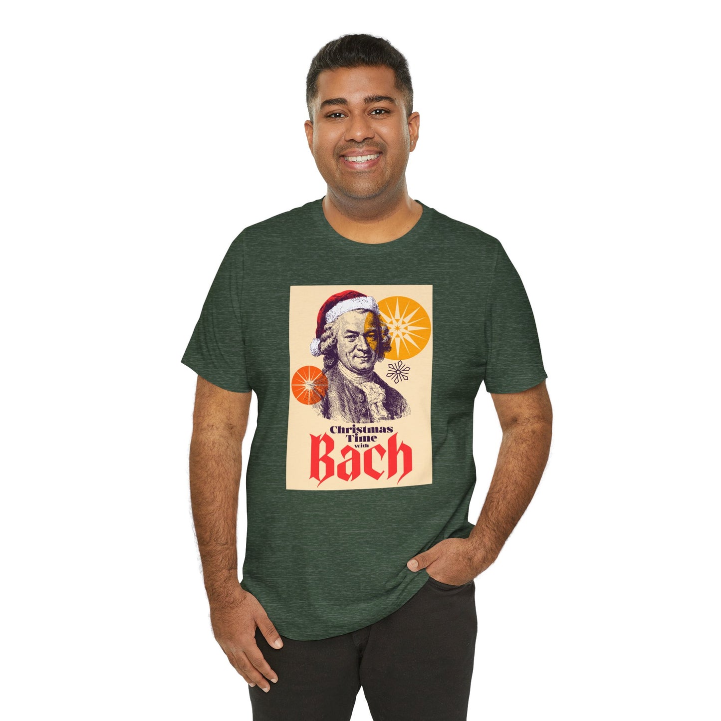 Christmas with Bach - Holiday T-Shirt, Santa Shirt, Bach with Santa Hat T-Shirt, Classical Music Christmas Shirt